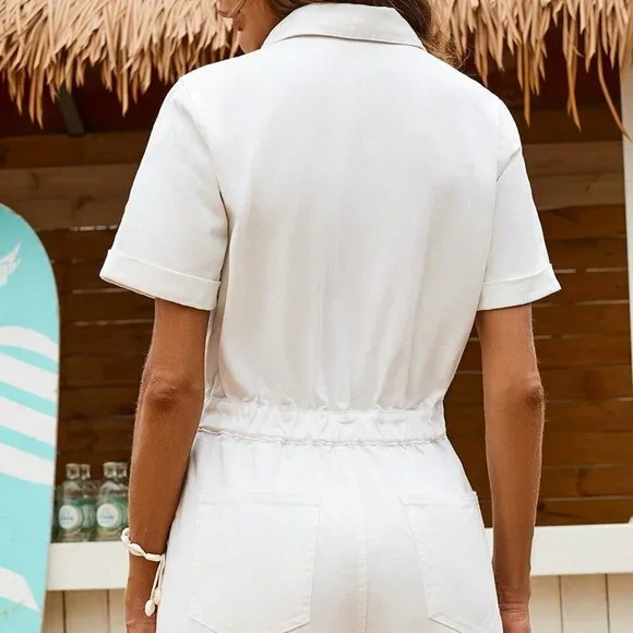 White Casual Women's Leg Style One-Piece Music Festival Denim Romper - Picture 3 of 6